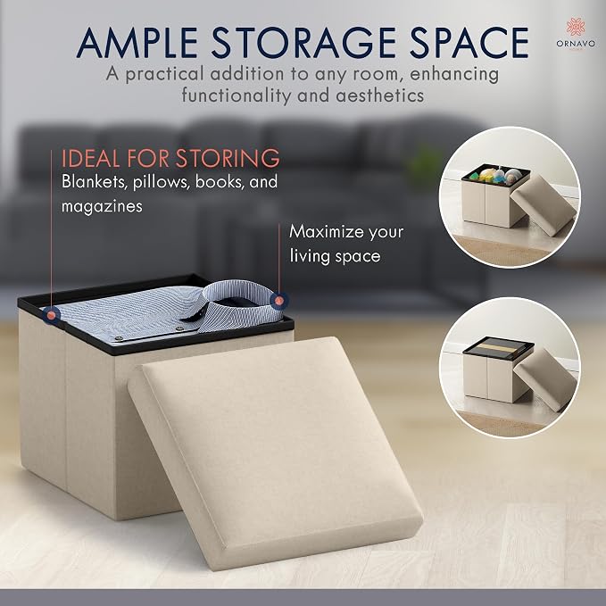 Ornavo Home Small Storage Ottoman Foldable Collapsible Cube Square Linen