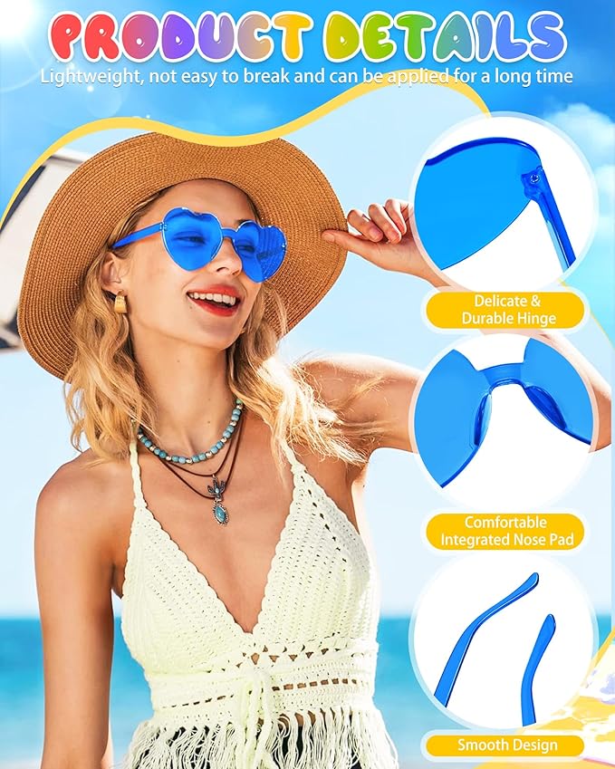 12 Pairs Heart Shaped Sunglasses Candy Color Rimless Fun Heart Glasses for Women Party Favors