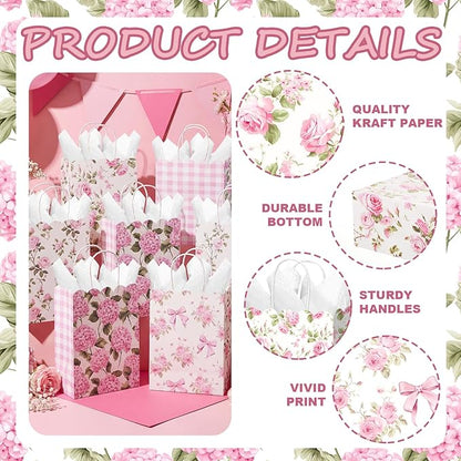 Kolldenn 24 Pcs Hydrangea Floral Party Gift Bags with Handles Paper Candy Treat Goodie Bags Scalloped for Birthday Decoration for Bridal Baby Shower Tea Party Supplies