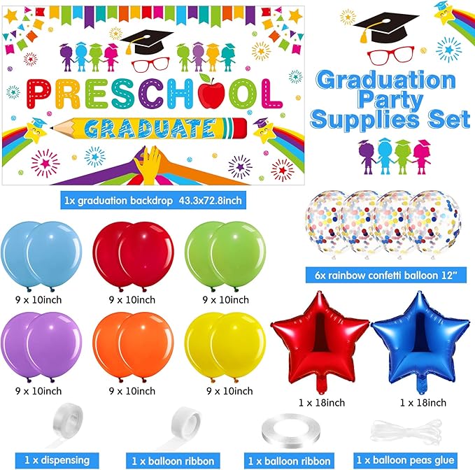 Oudain Kindergarten 2026 Graduation Party Decorations Kit Includes Preschool Graduation Backdrop and Balloon Garland for 2026 Pre Elementary Celebration Decoration Party Supplies(White)
