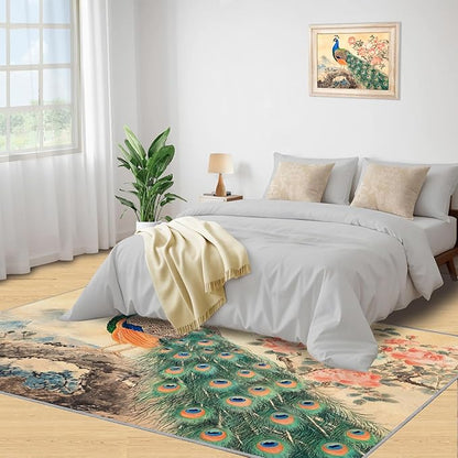 Peacock Peony Flower Area Rug 4x6-4x6 Rug, Classic Peacock Peony Rugs for Living Room, Oriental Carpet, Floral Animal Washable Area Rugs for Bedroom, Aesthetics Carpet - Peafowl Home Decor & Gifts