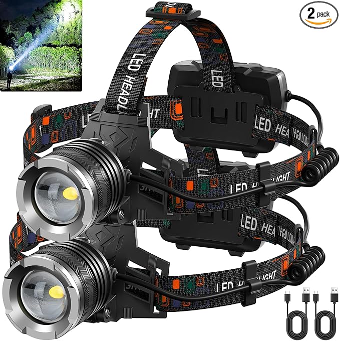 NJ FOREVER LED Rechargeable Headlamp, 3000 Lumens Super Bright Head Lamp with 5 Modes, 90°Adjustable, USB Rechargeable, Waterproof LED Headlamps for Adults Camping, Hiking, Climbing (2 Pack)