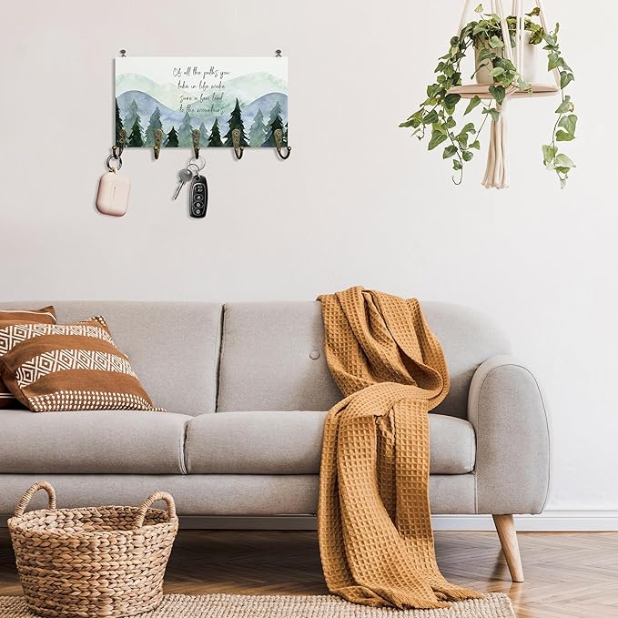 Rustic Cabin Mountain Decor Key Holder for Wall 10"x5.12", Mountain House Key Hanger Wall Mount, Of All the Paths You Take in Life Camp Wooden Hanging Keys Holder Decor for Entryway Front Door