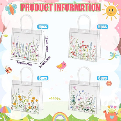 H1vojoxo Spring Wildflower Gift Bags - 24PCS Spring Wildflower Clear PVC Gift Bags with Handle Bulk Reusable Goodie Snack Treat Plastic Gift Wrap Tote Bag for Floral Themed Baby Shower Party Favors