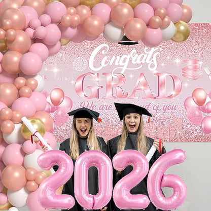 Pink Graduation Decorations Class Of 2026 - Graduation Balloon Arch Kit With Pink Rose Gold Balloons, Grad Backdrop, 2026 Foil Balloons For Girls High College School Decor