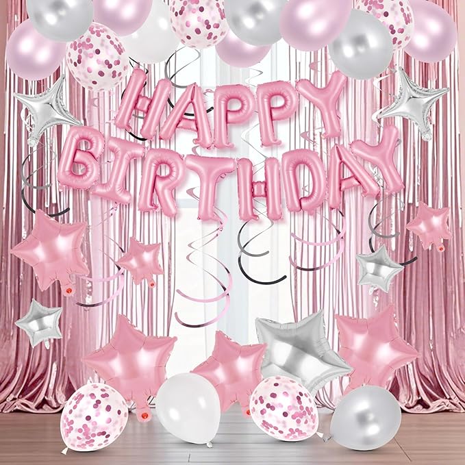55 Pcs Happy Birthday Balloons Letters Banner with 35 Pcs Star Foil Balloon, 20 Pcs Latex Balloons, 6 Hanging Swirls for Women Men Boys Girls Birthday Party Decorations Set ﻿ (Pink)