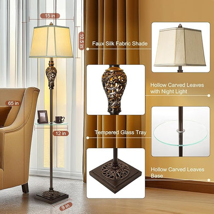 Rustic Floor Lamp for Living Room with Nightlight and Glass Tray, Vintage Standing Lamp with Beige Faux Silk Shade, Farmhouse Tall Lamp for Bedroom Study Home Office Hotel Bar - Brown (Bulb Included)