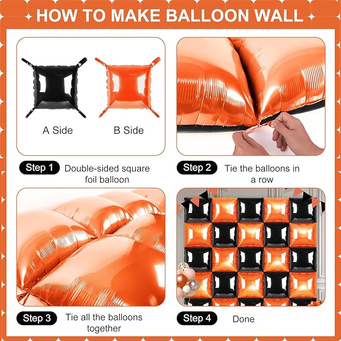 Black and Orange Square Foil Balloons 25 Pcs Metallic Black and Orange Balloons Wall Backdrop for New Year Graduation Birthday Bridal Shower Party Arch Backdrop Decorations