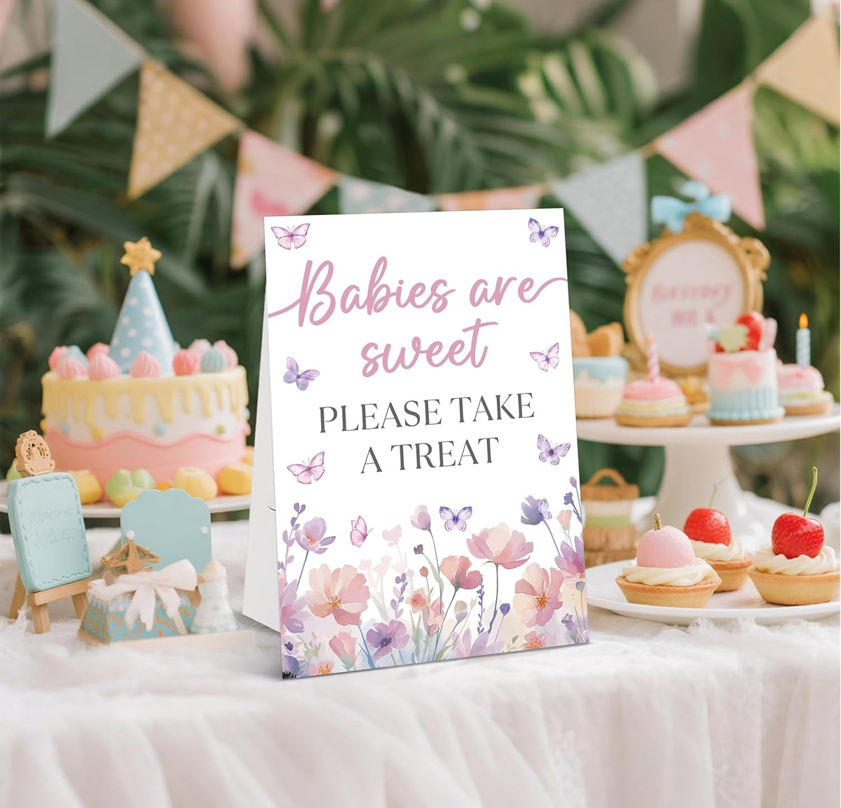 Butterfly Baby Shower Tabletop Sign, Babies Are Sweet Please Take a Treat, Include One 8×11 Sign with holder, Purple Butterfly Gender Reveal Party Decoration Supplies - FL29
