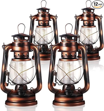 Hortsun 12 Pieces 8 Inch Vintage LED Hurricane Lantern 12 Warm LEDs and Dimmer Switch Battery Operated Farmers Hanging Lantern for Indoor Outdoor Camping Usage Decor