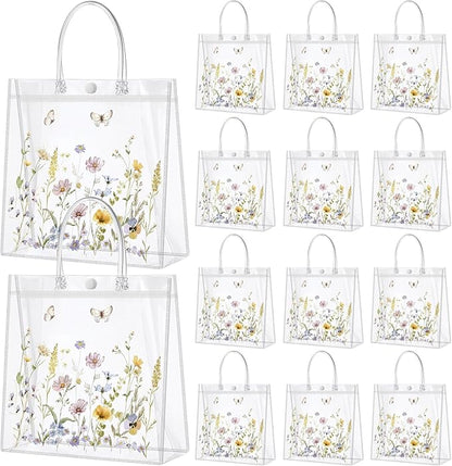Kacctyen 24 Pcs Wildflower Gift Bags Wildflower Theme Clear PVC Bags with Handles Flower Party Favors for Wedding Birthday Baby Shower Party Supplies Return Gift Wrap Totes for Guests