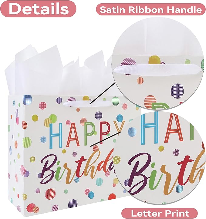 wishinside 13'' Large Birthday Gift Bag Set with Handles, Greeting Card, White Tissue Papers and Stickers for Women Girls Kids Teens for Birthday, Baby, Color Dots Design, 1 Pcs