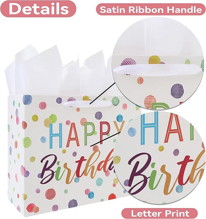 wishinside 13'' Large Birthday Gift Bag Set with Handles, Greeting Card, White Tissue Papers and Stickers for Women Girls Kids Teens for Birthday, Baby, Color Dots Design, 1 Pcs