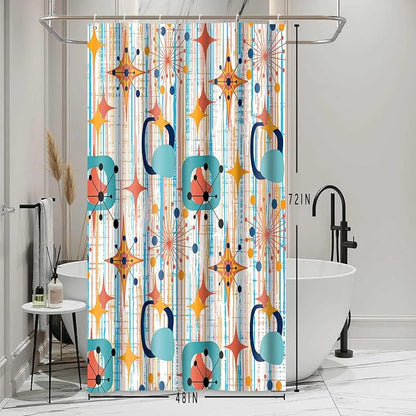 Mid Century Shower Curtain, 48x72inch, Modern Abstract Retro Colorful Striped Geometric Shower Curtain Sets 1950s Boho Bathroom Shower Curtain with 8 Hooks