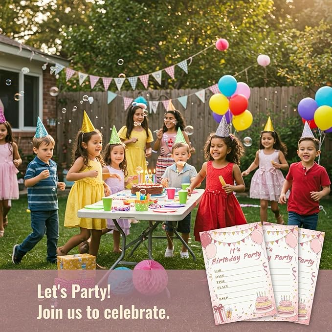 Sweet Birthday Invitations for Girl Teens Kids, 25 Pcs 4x6 Pink Gold Party Card Kit with Balloons, Bunting, Presents & Cakes - Sweet Colorful Childlike