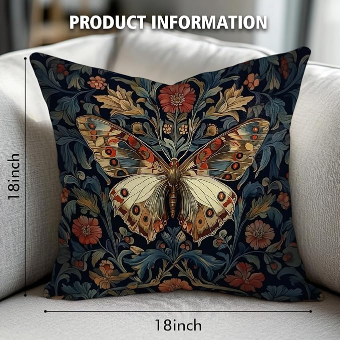William Morris Abstract Vintage Floral Velvet Butterfly Design Throw Pillow Covers Home Decor, Retro Art Deco Pillowcase Cushion Cover for Bed Sofa Living Room, Square 18x18inch (Blue-Butterfly)