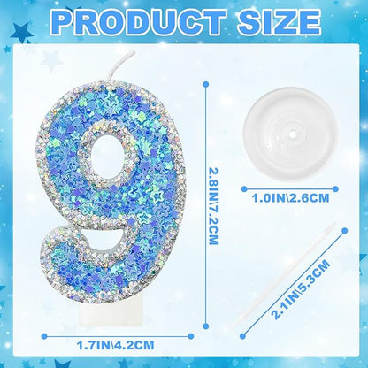 Blue Star Number 9 Candle for Cake Decoration, Glitter Star Cake Topper, Shaker Style Number Candle for Anniversary Celebration Party Supplies