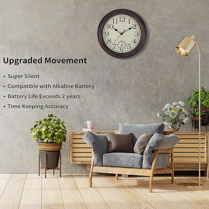 Foxtop Indoor Outdoor Waterproof Wall Clock with Thermometer, 12 Inch Retro Silent Non-Ticking Battery Operated Quartz Round Outdoor Clocks for Patio Pool Bathroom Porch (Bronze)