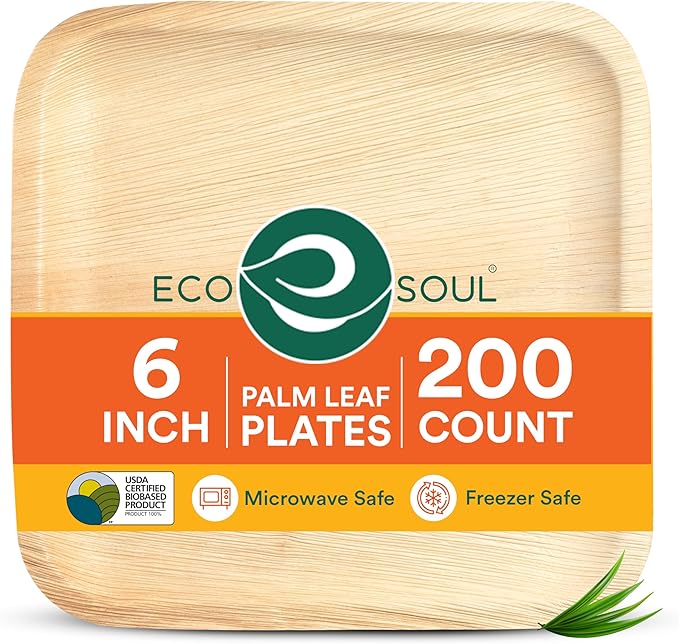 ECO SOUL 6 Inch Disposable Palm Leaf Plates [200 Pack] Premium Food-Safe Heavy Duty Compostable Bamboo Paper Plates for Dessert, Dinner, Apetizers, Weddings, Party, Camping & Catering Events [Square]