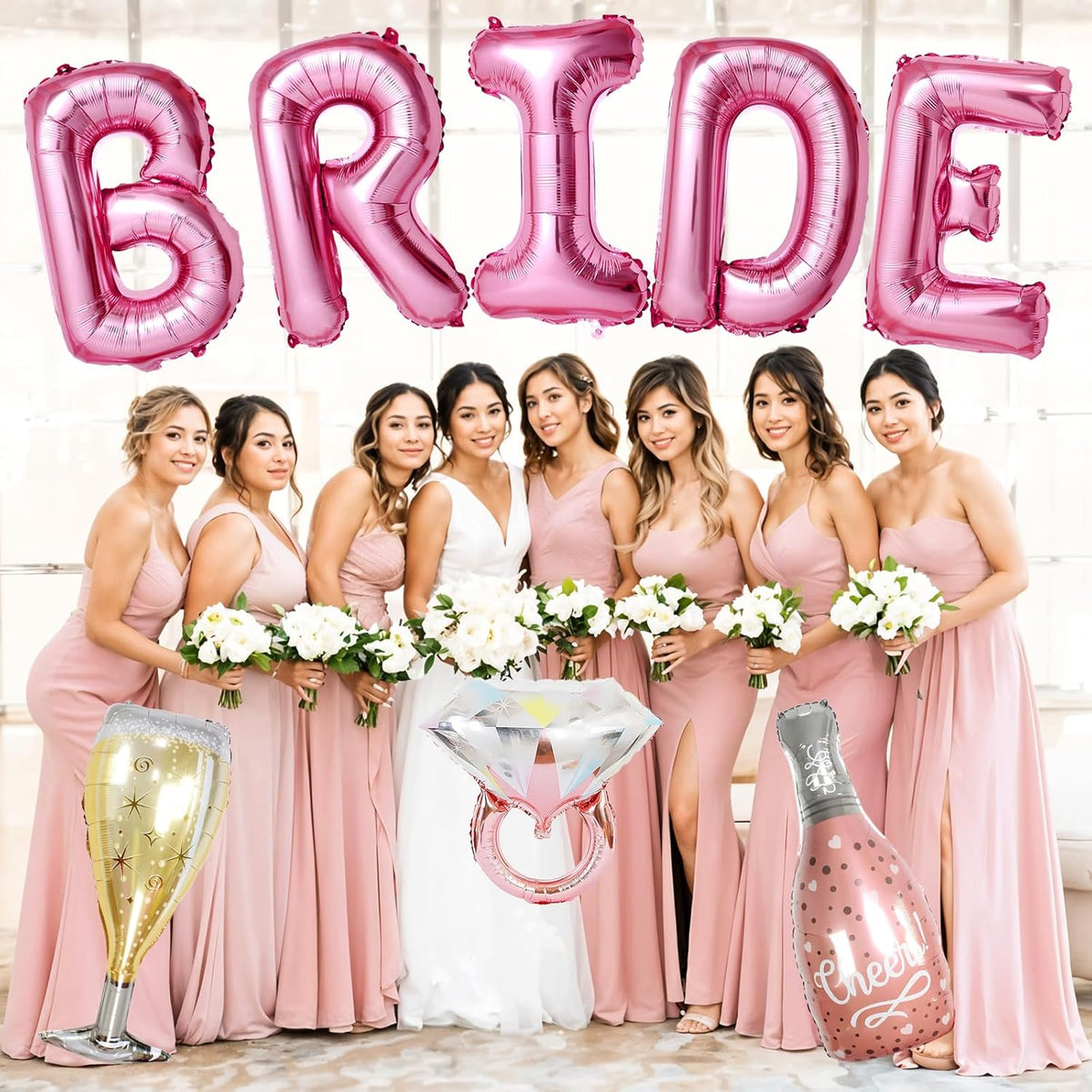 40inch Bride Balloons Pink Letters Banner, Bachelorette Party Decorations Set with Diamond Ring Champagne Bottle Balloon Glass Foil Balloon for Pink Bachelorette Engagement Wedding Bridal Shower Decor