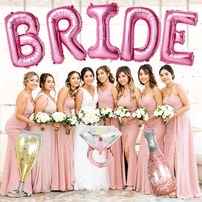 40inch Bride Balloons Pink Letters Banner, Bachelorette Party Decorations Set with Diamond Ring Champagne Bottle Balloon Glass Foil Balloon for Pink Bachelorette Engagement Wedding Bridal Shower Decor