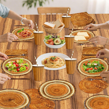 141pcs Camping Wood Grain Slice Party Decorations,Party setIncludes Dinner Plate Dessert Plate Paper Napkin Cup Knife Fork Straws Tablecloth Fire Camping Woodland Animal Lumberjack Supplies set