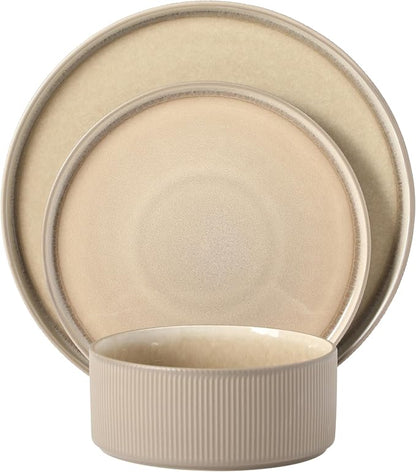 Gibson Elite Redrock Canyon 12-Piece New Bone China Dinnerware Set Service for 4, Reactive Glaze Plates and Bowls, Dishwasher and Microwave Safe, Taupe