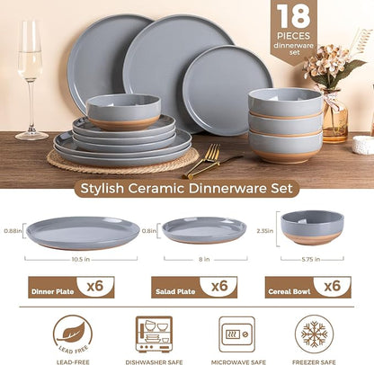 AmorArc Ceramic Dinnerware Sets for 6, 18 Pieces Handpainted Plates and Bowls Set with Rustic Terracotta Underside, Scratch Resistant Stoneware Dishes Set, Dishwasher & Microwave Safe, Gray
