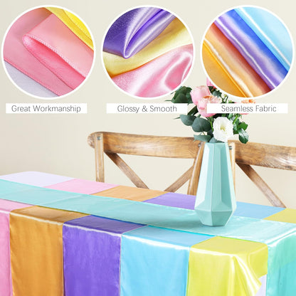 Aneco 12 Pack Satin Table Runner 12 x 108 Inch Pastel Rainbow Long Wedding Satin Silk Table Runner for Wedding Banquet Graduations Birthday Party Decoration