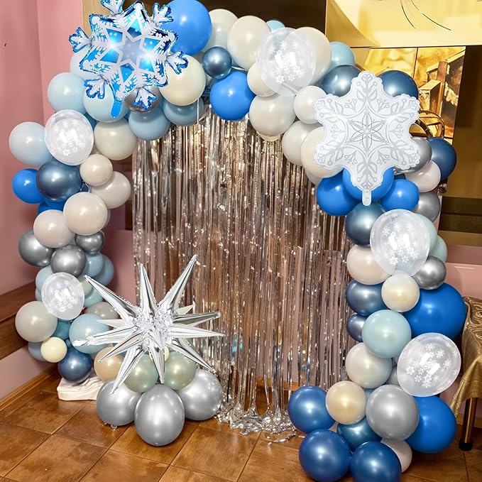 Winter Wonderland Snowflake Balloon Garland Arch Kit, 108PCS Blue and White Silver Christmas Balloons with Snowflake Foil Balloons for Snow Princess Holiday Xmas New Year Birthday Party Decorations