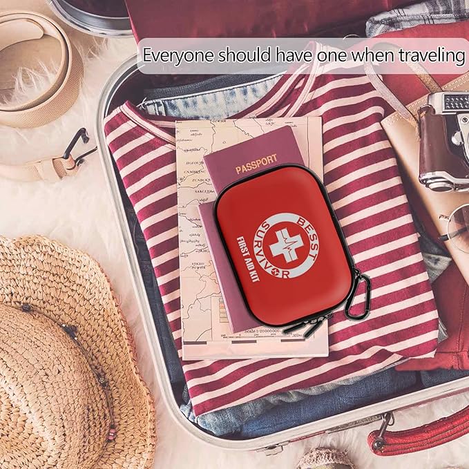 Mini First Aid Kit -Small Waterproof Hard Shell Medical Kit with Compartments for Camping, Hiking, Car, Home, Office, School - Vehicle & Outdoor Emergency Medical Kit (Red)