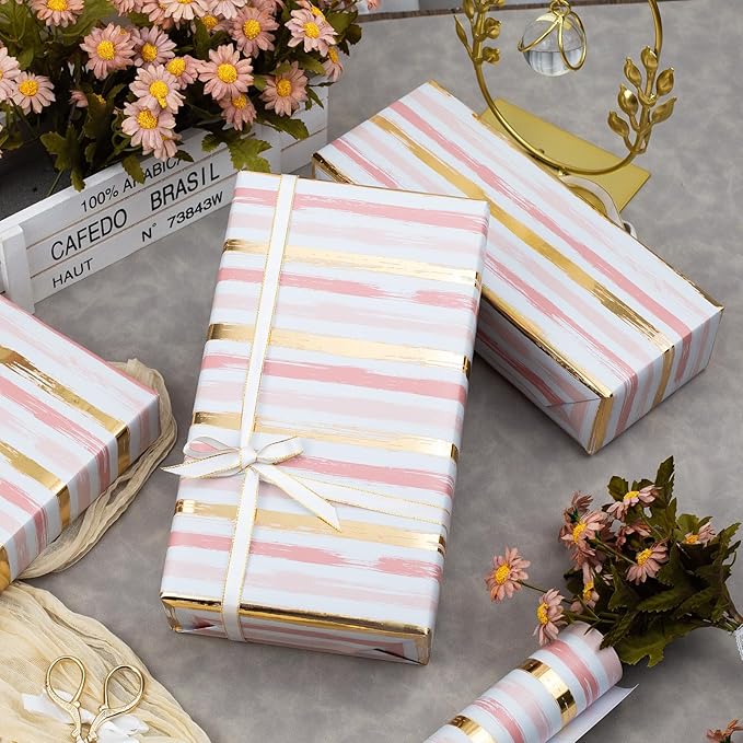 MAYPLUSS Girl Pink Wrapping Paper Roll - 17 Inch X 33 Feet - Elegant Thick Shimmering Stripe Pink Gold Foil Paper Baby Gift Wrap for Baby Shower, Wedding, Bridal, Birthday Party, Valentines Day