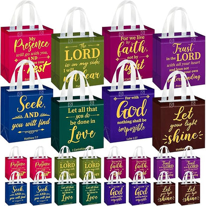 HunnmingRe 16 Pcs Christian Gift Bags Bulk, Easter Reusable Religious Bible Verse Tote with Handles Non Woven Scripture Pastor Blessing Gift for Baptism Church Wedding Favors