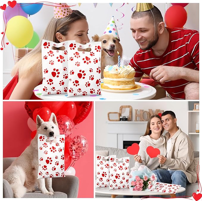 Pasimy 100 Pcs Dog Paw Gift Bags Bulk Pet Paw Puppy Plastic Treat Favor Candy Goodie Bags with Handle for Dog Birthday Party Decoration Supplies (White Red)