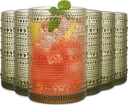 Green Hobnail Drinking Glasses Set of 6,15 oz Vintage Highball Glasses,Drinkware Kitchen Glasses for Cocktail,Iced Coffee,Beer,Ice Tea,Wine,Whiskey,Water