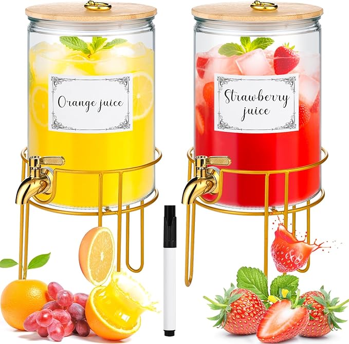 1 Gallon Drink Dispenser,2 Pack Glass Beverage Dispenser With Stand,Juice Containers with Lid for Party,Drink Dispensers for Parties With Spigot for Lemonade/Soda/Tea