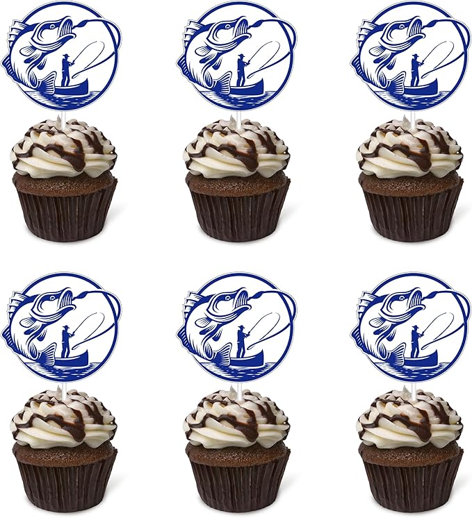 24pcs Fishing Cupcake Toppers - Multicolored - Birthday, Anniversary, Baby Shower - Dessert Decorating Cupcake Toppers