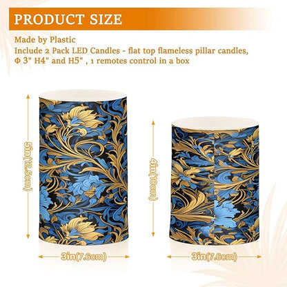 ALAZA Gold Navy Blue Floral01 Flickering Flameless Candles Battery Operated with Remote Timer,Tea Light Candles LED Pillar Votive Candles Set of 2 for Outdoor Indoor Decorations