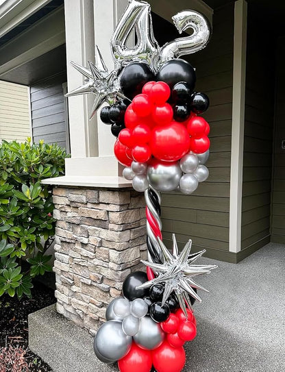 Red and Black Balloon Arch Garland Kit - 131Pcs Red Black and Silver Balloons Glitter Confetti Balloon, Explosion Star Balloons for New Year Birthday Racing Car Poker Party Decorations