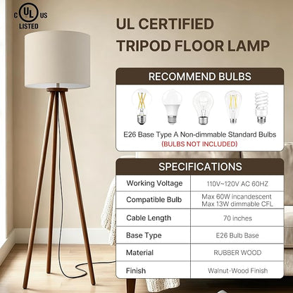 Buruis 60.6" Solid Wood Tripod Floor Lamp with 15.7" Large Linen Shade, Mid-Century Walnut Finish Standing Lamp for Living Room, Bedroom, Office, Corner, UL Listed, Bulb Not Included, Beige