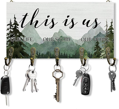 This is us Decor Key Holder for Wall 10"x5.12", Inspiration Sign Key Hanger Wall Mount, Family Quotes Rustic Forest Mountain Wooden Hanging Keys Holder Decor for Entryway Front Door（5 Hooks）