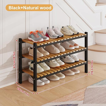Bamboo Shoe Rack Organizer for Closet and Entryway - Space-Saving Narrow Shoe Stand - Versatile Shoe Holder for Door or Closet Shelf, Garage Bedroom can Freely Stack DIY Small Shoe Racks 3 Tier