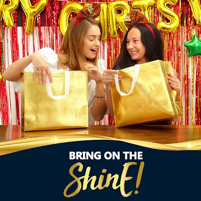 Nush Nush Set of 30 Gold Gift Bags in Bulk - Reusable Shiny Gold Gift Bags With Handles - Perfect For Small Business Use, Christmas, Birthdays, Events, Party Favors, Weddings, Holiday- 13Wx5Dx11H Size