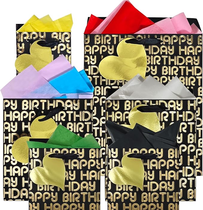 suosicn 6 Pack Black Birthday Gift Bags with Handles and 8 Pcs Tissue Paper, Assorted Sizes Metallic Letters Gift Bags for Birthday,Anniversary and Any Occasions