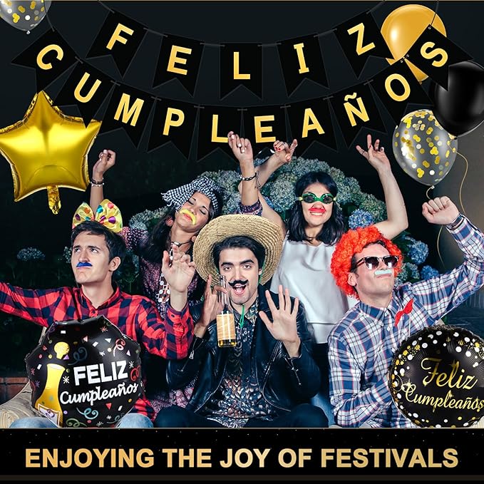 Lunmon 98 Pcs Feliz Cumpleaños Decorations for Men Women Spanish Birthday Decoration Black and Gold Party Decorations Kit Feliz Cumpleaños Banner Black and Gold Balloons for Birthday Party Supplies