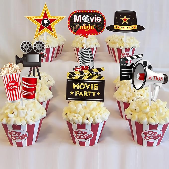 36pcs Movie Cupcake Toppers Movie Night Films Video Recorders Popcorns Cupcake Picks for Movies Theme Birthday Party Decorations Baby Shower Supplies