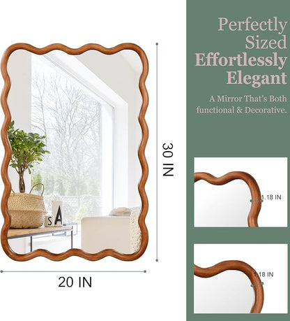 30x20 Inch Wooden Wavy Rectangle Wall Mirror, Modern Solid Wood Frame Decorative Accent Mirror for Bedroom, Bathroom, Living Room, Entryway, Yellowish Brown