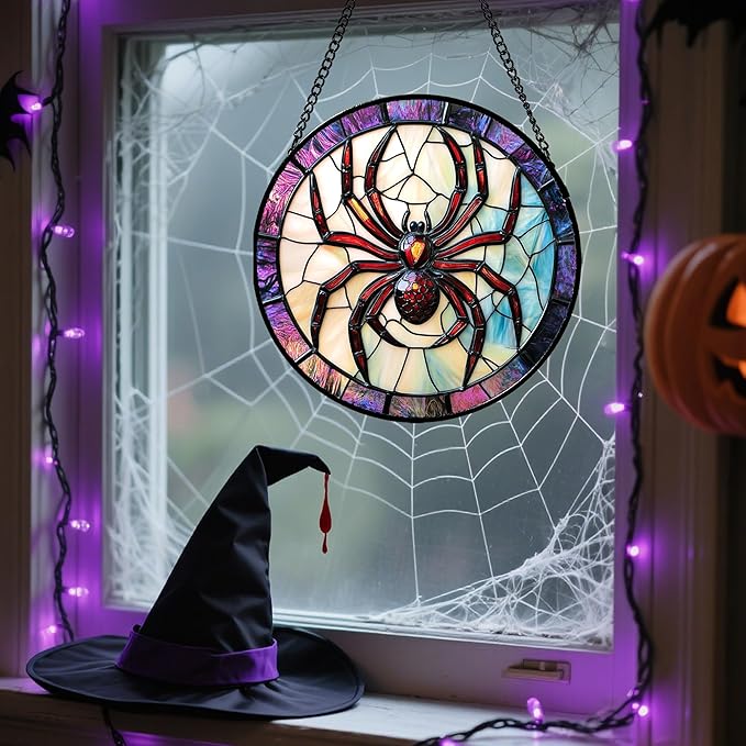 Stained Glass Window Hanging - Halloween Decorations Red Spider Goth Suncatcher for Doors Garden Indoor Funny Spooky Sun Catchers Gothic Decor Horror Gifts for Women Men Friend 15 in