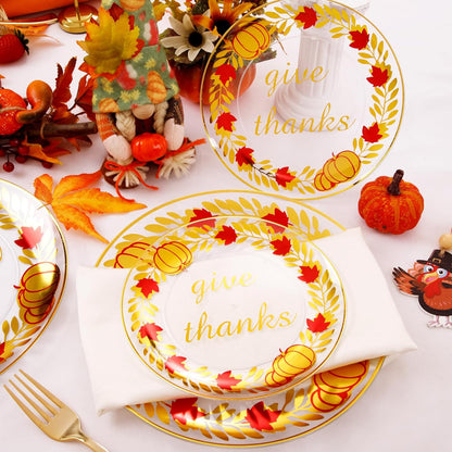 Rubtlamp 60 Pcs Thanksgiving Plastic Plates, Clear Gold Disposable Plates, Red Gold Thanksgiving Party Plates Includes 30 Pcs 10.25” Gold Dinner Platos, 30 Pcs 7.5”Clear Dessert Platos for Autumn