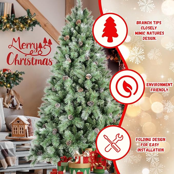 6FT Frosted Christmas Tree with 66 Pine Cone & Pine Needles, Premium Unlit Artificial Christmas Tree with 988 Branch Tips, Realistic Hinged Xmas Trees with Metal Stand for Holiday Decoration